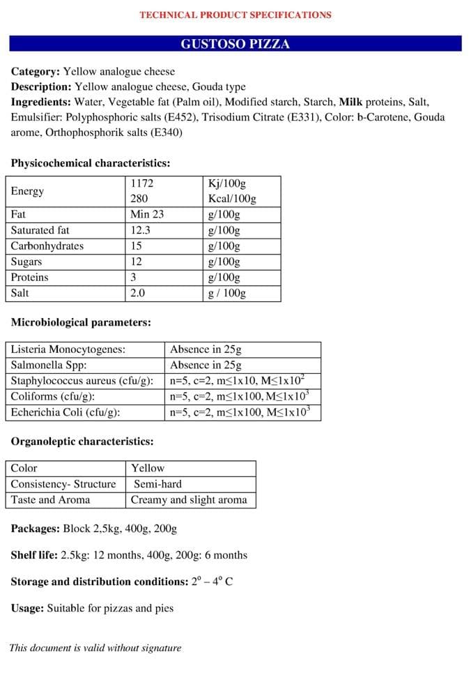 Gustosso pizza analogue yellow cheese